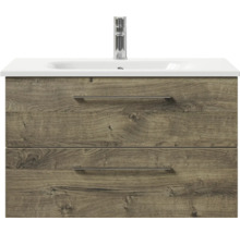 Badmöbel-Set Pelipal Sunline 121 BxHxT 81 x 200 x 46 cm Frontfarbe Eiche ribbeck mit Mineralguss-Waschtisch Waschtischunterschrank und Spiegelschrank mit LED-Beleuchtung