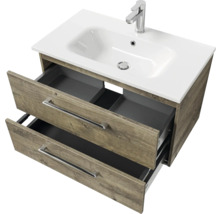 Badmöbel-Set Pelipal Sunline 121 BxHxT 81 x 200 x 46 cm Frontfarbe Eiche ribbeck mit Mineralguss-Waschtisch Waschtischunterschrank und Spiegelschrank mit LED-Beleuchtung