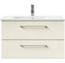 Badmöbel-Set Pelipal Sunline 121 BxHxT 81 x 200 x 46 cm Frontfarbe Polar Pinie mit Mineralguss-Waschtisch Waschtischunterschrank und Spiegelschrank mit LED-Beleuchtung
