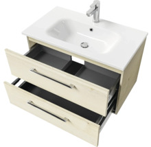 Badmöbel-Set Pelipal Sunline 121 BxHxT 81 x 200 x 46 cm Frontfarbe Polar Pinie mit Mineralguss-Waschtisch Waschtischunterschrank und Spiegelschrank mit LED-Beleuchtung