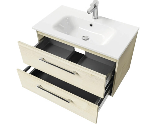 Waschtischunterschrank mit zwei offenen Schubladen und Aufsatzwaschbecken