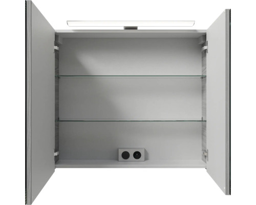 Offener Spiegelschrank mit Beleuchtung und zwei Glasböden