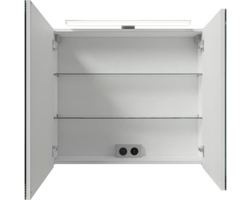 Offener Spiegelschrank mit Beleuchtung, Glasböden und Steckdosen