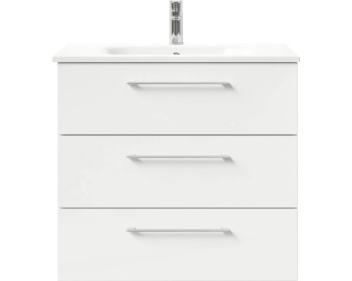 Weißer Waschtisch mit drei Schubladen und Armatur