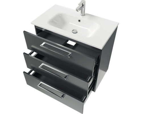 Waschtischunterschrank mit drei Schubladen, Keramikwaschbecken und Armatur