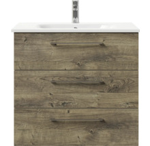 Badmöbel-Set Pelipal Sunline 121 BxHxT 81 x 200 x 46 cm Frontfarbe Eiche ribbeck mit Mineralguss-Waschtisch Waschtischunterschrank 3 Schubkästen und Spiegelschrank mit LED-Beleuchtung