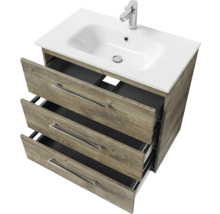 Badmöbel-Set Pelipal Sunline 121 BxHxT 81 x 200 x 46 cm Frontfarbe Eiche ribbeck mit Mineralguss-Waschtisch Waschtischunterschrank 3 Schubkästen und Spiegelschrank mit LED-Beleuchtung