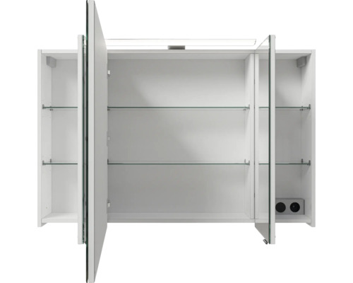 Offener Spiegelschrank mit Glasablagen und Steckdosen