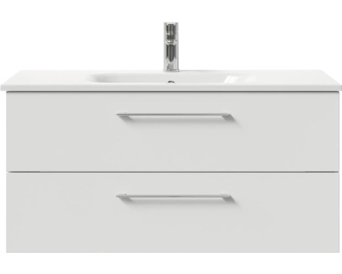 Weißer Waschtischunterschrank mit zwei Schubladen und Aufsatzwaschbecken