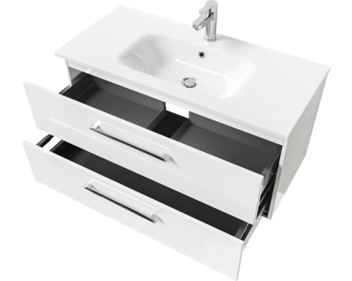 Waschtischunterschrank mit Waschbecken, zwei Schubladen sind geöffnet