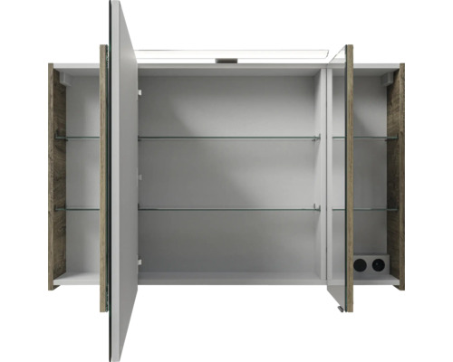 Geöffneter Spiegelschrank mit Glasböden