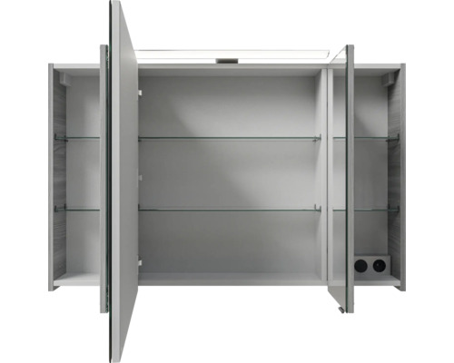 Offener Spiegelschrank mit Glasböden und Beleuchtung