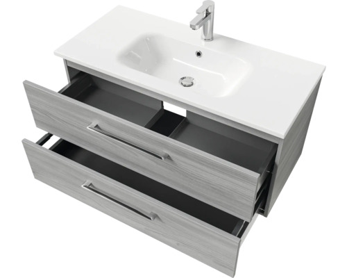 Waschtischunterschrank mit zwei offenen Schubladen, Keramikwaschbecken und Armatur