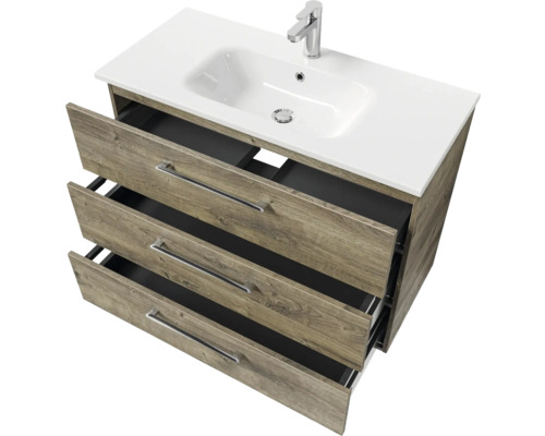 Waschtischunterschrank mit Waschbecken und drei Schubladen