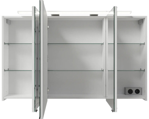 Weißer Spiegelschrank mit drei Türen und Glasablagen