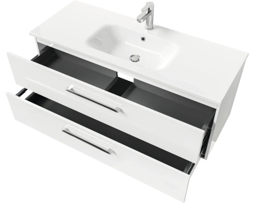 Waschtischunterschrank mit zwei offenen Schubladen und Waschbecken