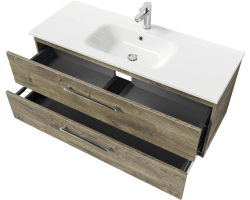 Waschtischunterschrank mit zwei Schubladen, offen, und Aufsatzwaschbecken