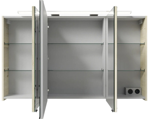 Offener Spiegelschrank mit drei Türen, Beleuchtung und Steckdose für das Badezimmer