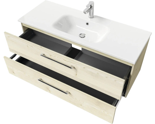 Waschtischunterschrank mit zwei offenen Schubladen, Aufsatzwaschbecken und Armatur
