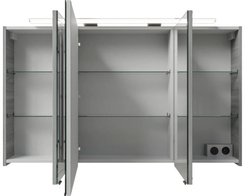 Offener Spiegelschrank mit Glasböden und Beleuchtung für das Badezimmer