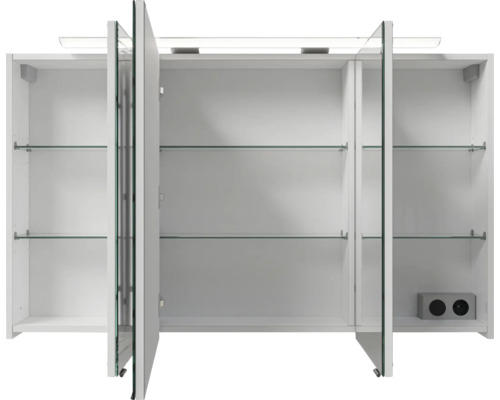 Offener Spiegelschrank mit Glasböden und Beleuchtung