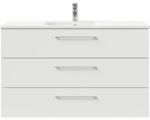 Weißer Waschtischunterschrank mit drei Schubladen und einem Aufsatzwaschbecken.