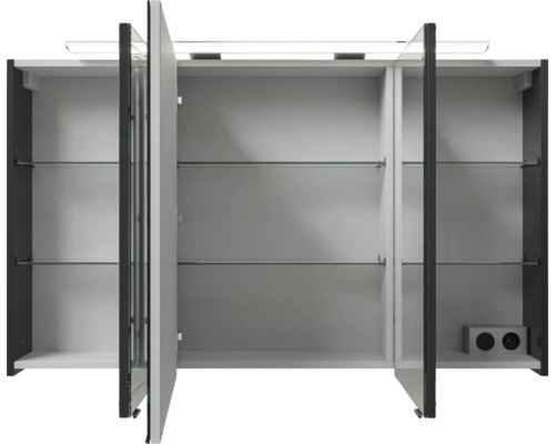 Offener Spiegelschrank mit Glasablagen und Beleuchtung für das Badezimmer