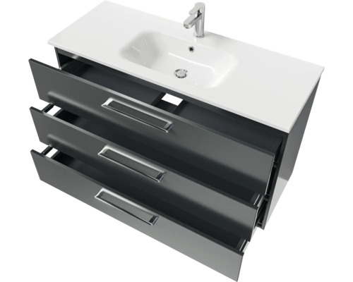 Waschbeckenunterschrank mit drei Schubladen, Keramikwaschbecken und Armatur
