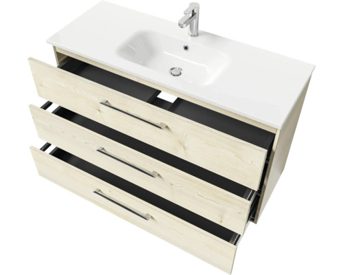 Waschtischunterschrank mit drei offenen Schubladen, Waschbecken und Armatur