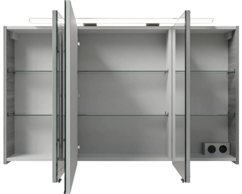 Offener Spiegelschrank mit Glasböden und Beleuchtung