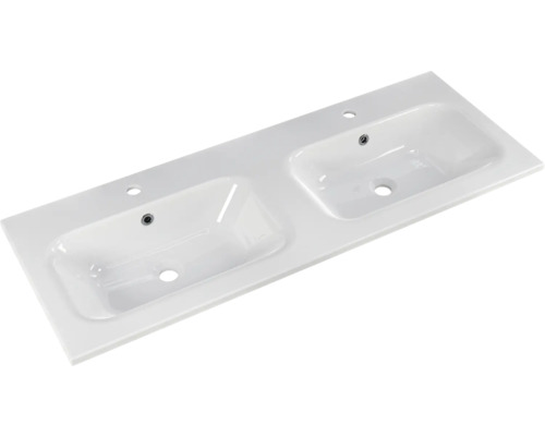 Doppelwaschtisch aus Keramik mit Hahnlöchern und Überlauf