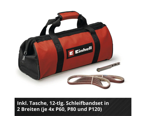 Einhell Logo. Inklusive Tasche, 12-teiliges Schleifbandset in zwei Breiten