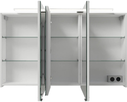 Weißer Spiegelschrank mit drei Türen, Innenbeleuchtung und Glasablagen für das Badezimmer