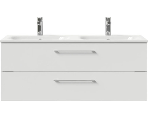 Weißer Doppelwaschtisch mit zwei Schubladen und zwei Armaturen