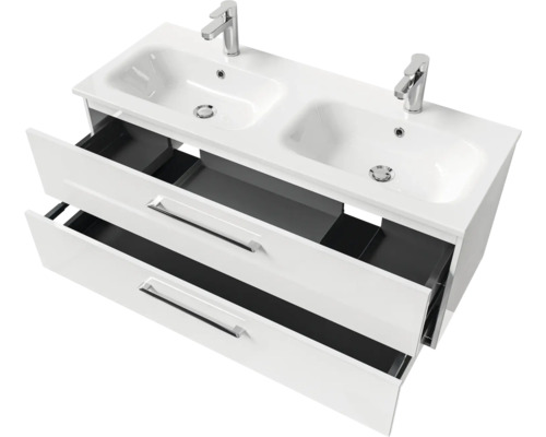 Doppelwaschtisch mit zwei Waschbecken und offenen Schubladen für das Badezimmer