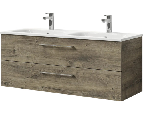 Waschtischunterschrank mit zwei Waschbecken und zwei Schubladen im Holzdekor