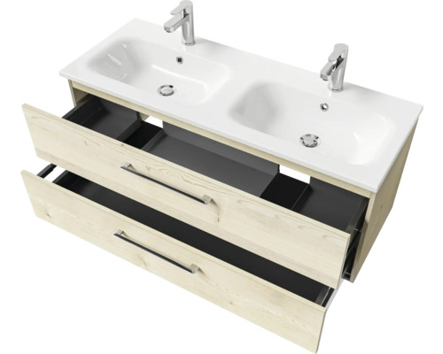 Waschtischunterschrank mit zwei Waschbecken und offenen Schubladen