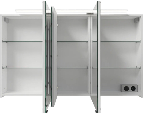 Weißer Spiegelschrank mit offenen Glastüren und Glasregalen