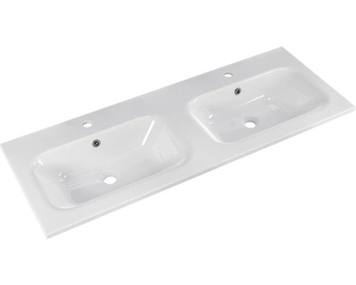 Doppelwaschtisch aus Keramik mit zwei Becken und Hahnlöchern