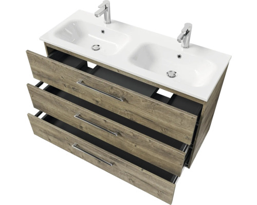 Waschtisch mit zwei Waschbecken, drei Schubladen und Holzoptik