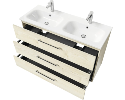 Waschtischunterschrank mit zwei Waschbecken und drei Schubladen