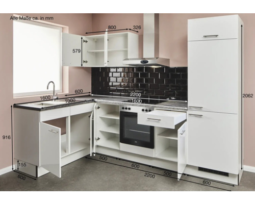 Küchenzeile mit Spüle, Herd, Dunstabzugshaube und Maßen