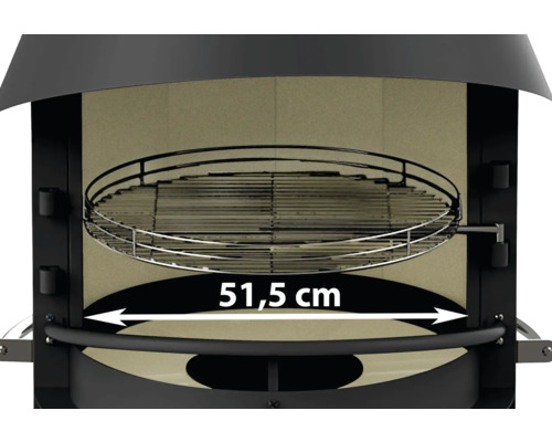 Innenraum eines Grills mit Grillrost und Angabe der Breite von 51,5 cm