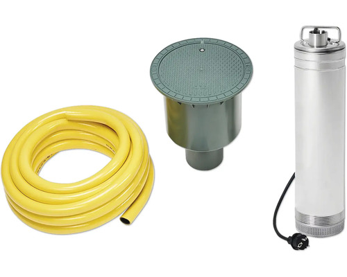 Tiefbrunnenpumpe, gelber Schlauch und Gartenbox