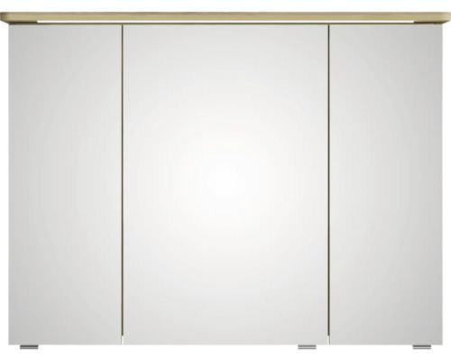 Weißer Spiegelschrank mit drei Türen und Holzaufsatz