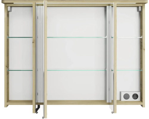 Offener Spiegelschrank mit Glasablagen und Steckdosen