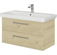 Badmöbel-Set Pelipal Sunline 105 BxHxT 96 x 200 x 48,5 cm Frontfarbe Polar Pinie mit Keramik-Waschtisch Waschtischunterschrank und Spiegelschrank mit LED-Beleuchtung