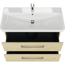 Badmöbel-Set Pelipal Sunline 105 BxHxT 96 x 200 x 48,5 cm Frontfarbe Polar Pinie mit Keramik-Waschtisch Waschtischunterschrank und Spiegelschrank mit LED-Beleuchtung