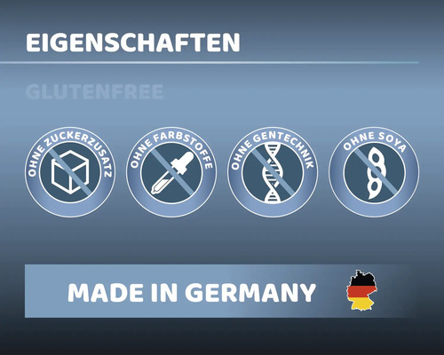Eigenschaften: Glutenfrei, ohne Zuckerzusatz, ohne Farbstoffe, ohne Gentechnik, ohne Soja, hergestellt in Deutschland