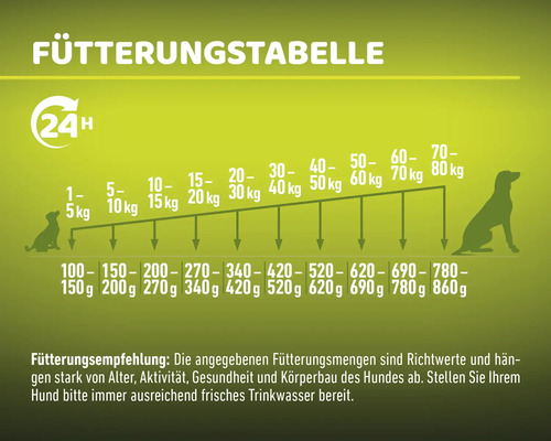 Fütterungstabelle für Hunde mit Mengenangaben je nach Gewicht des Hundes